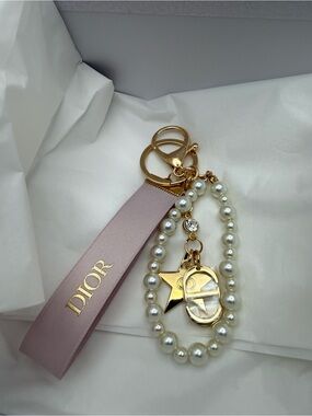 Dior Pink Ribbon Pearl & Gold Charm Key Holder